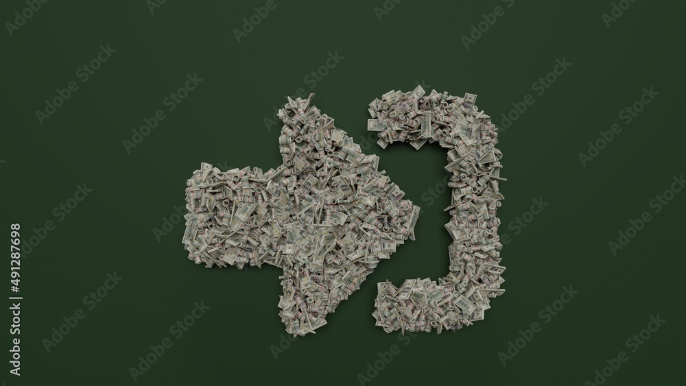 Poster 3d rendering of dollar cash rolls and stacks in shape of symbol of sign in alt on green background