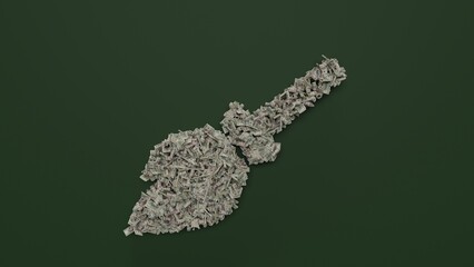 3d rendering of dollar cash rolls and stacks in shape of symbol of broom on green background