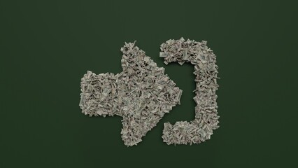 3d rendering of dollar cash rolls and stacks in shape of symbol of sign in alt on green background