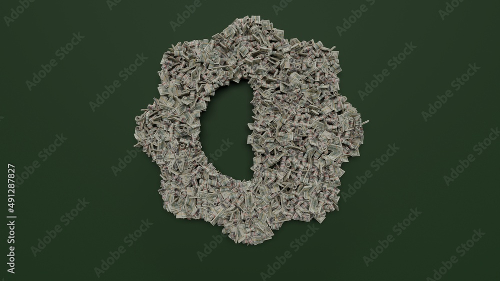 Poster 3d rendering of dollar cash rolls and stacks in shape of symbol of half camera on green background