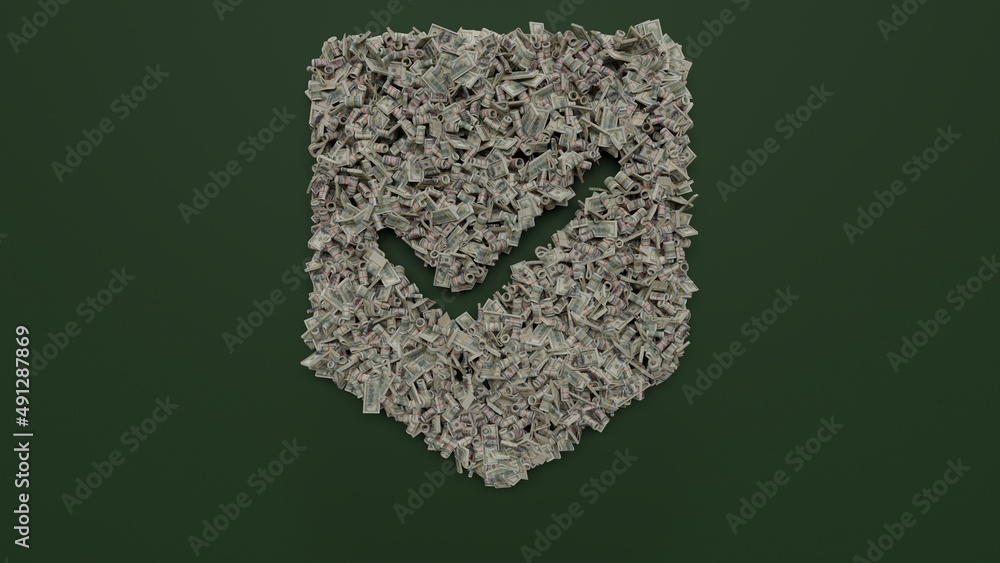 Poster 3d rendering of dollar cash rolls and stacks in shape of symbol of been here marker on green backgro