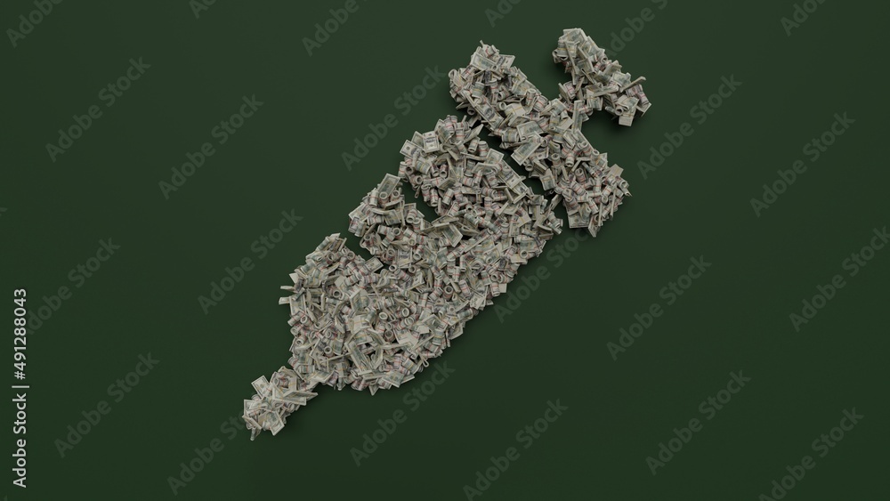 Poster 3d rendering of dollar cash rolls and stacks in shape of symbol of syringe on green background