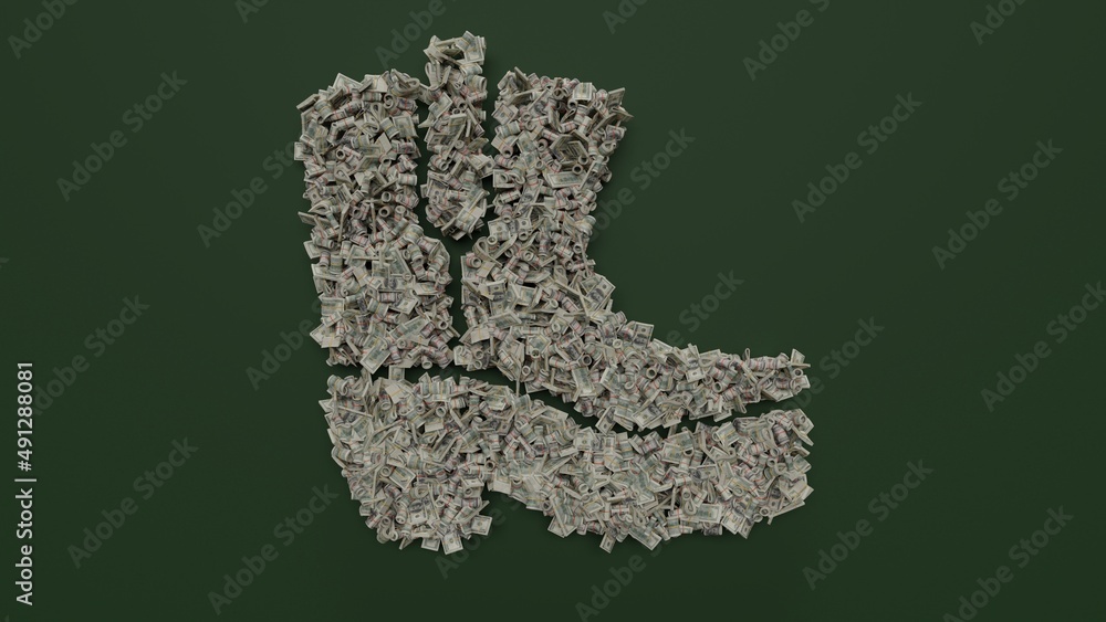Poster 3d rendering of dollar cash rolls and stacks in shape of symbol of cowboy boot on green background