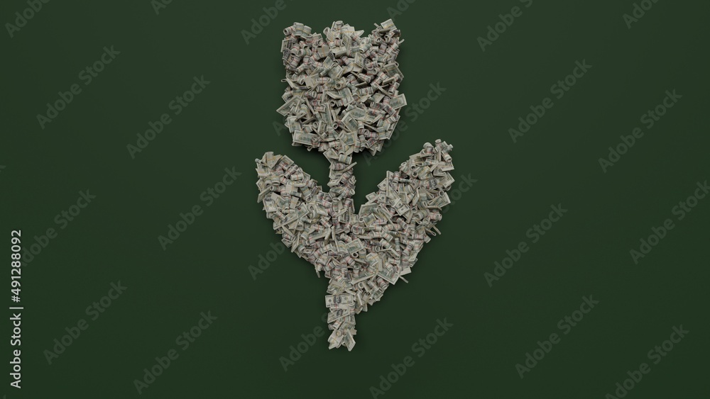 Poster 3d rendering of dollar cash rolls and stacks in shape of symbol of tulip on green background