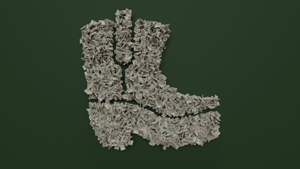 3d rendering of dollar cash rolls and stacks in shape of symbol of cowboy boot on green background