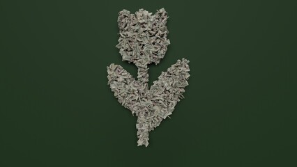 3d rendering of dollar cash rolls and stacks in shape of symbol of tulip on green background