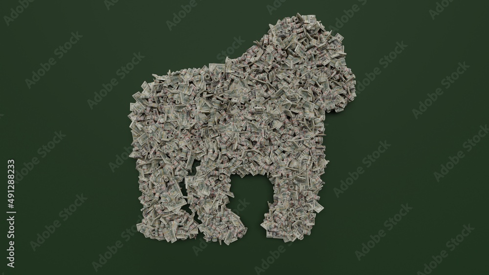 Poster 3d rendering of dollar cash rolls and stacks in shape of symbol of gorilla on green background
