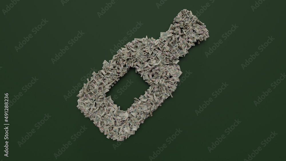 Poster 3d rendering of dollar cash rolls and stacks in shape of symbol of wine bottle on green background