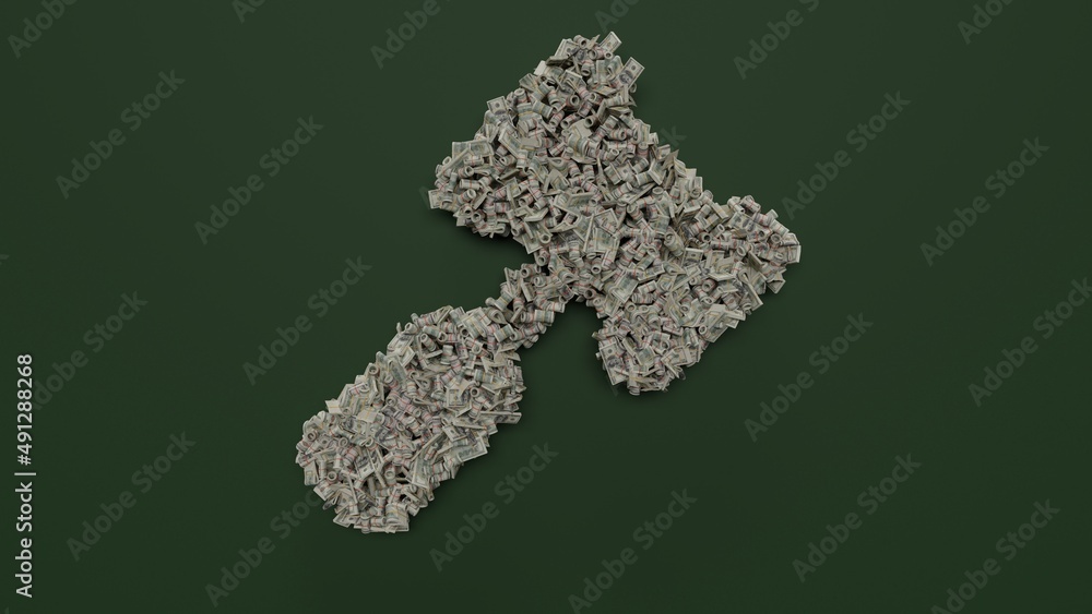 Poster 3d rendering of dollar cash rolls and stacks in shape of symbol of gavel on green background