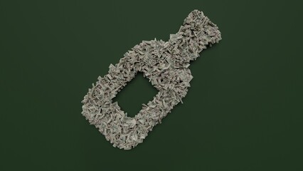 3d rendering of dollar cash rolls and stacks in shape of symbol of wine bottle on green background
