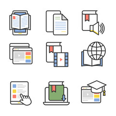 Online learning icon set in outlined color style. Suitable for design element of distance learning, online course, and webinar app icon.