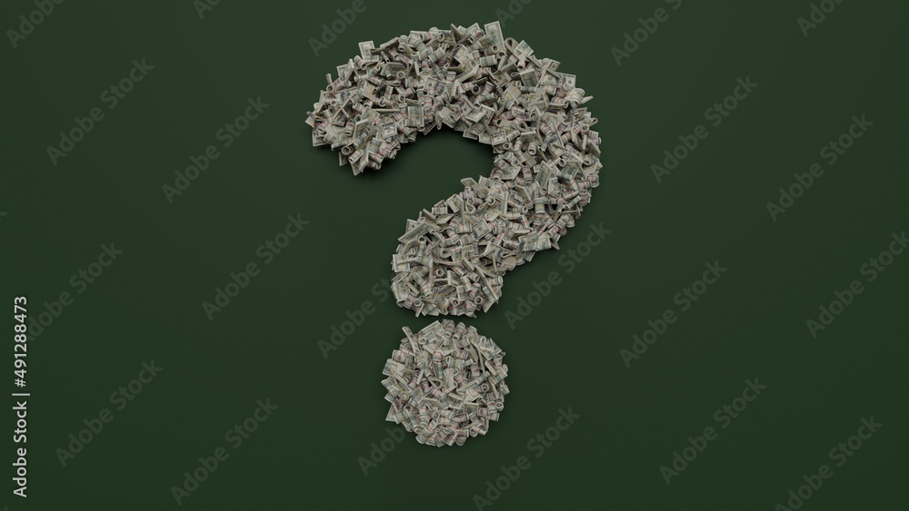 Aufkleber 3d rendering of dollar cash rolls and stacks in shape of symbol of question on green background