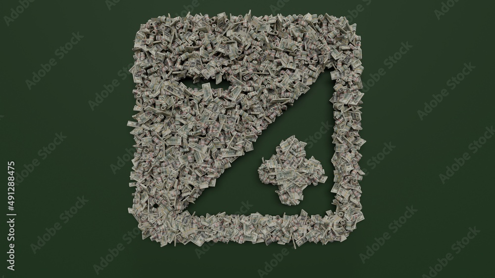 Poster 3d rendering of dollar cash rolls and stacks in shape of symbol of exposure camera on green backgrou