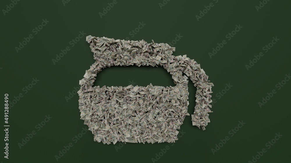 Poster 3d rendering of dollar cash rolls and stacks in shape of symbol of jar on green background