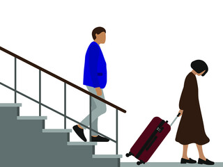 A female character with a suitcase walks away and a male character looks at it while standing on the stairs