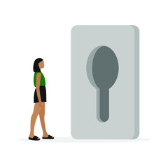 Young female character looking through a huge keyhole on a white background
