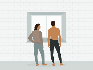 A male character and a female character in home clothes are standing near the window against the background of a brick wall