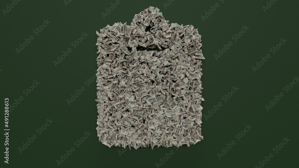 Poster 3d rendering of dollar cash rolls and stacks in shape of symbol of clipboard on green background