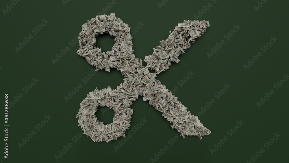 Poster 3d rendering of dollar cash rolls and stacks in shape of symbol of cut on green background