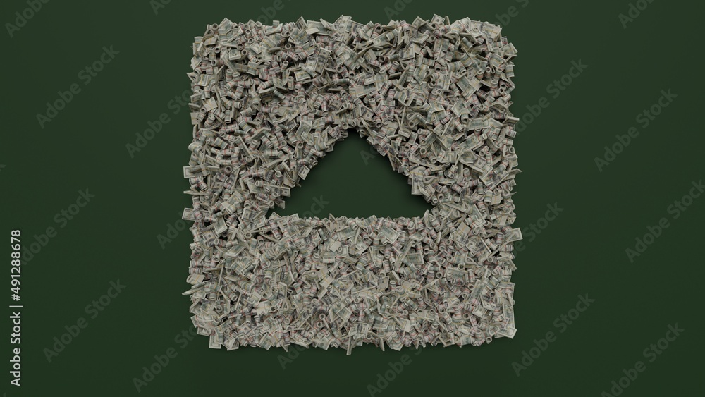 Poster 3d rendering of dollar cash rolls and stacks in shape of symbol of caret square up on green backgrou