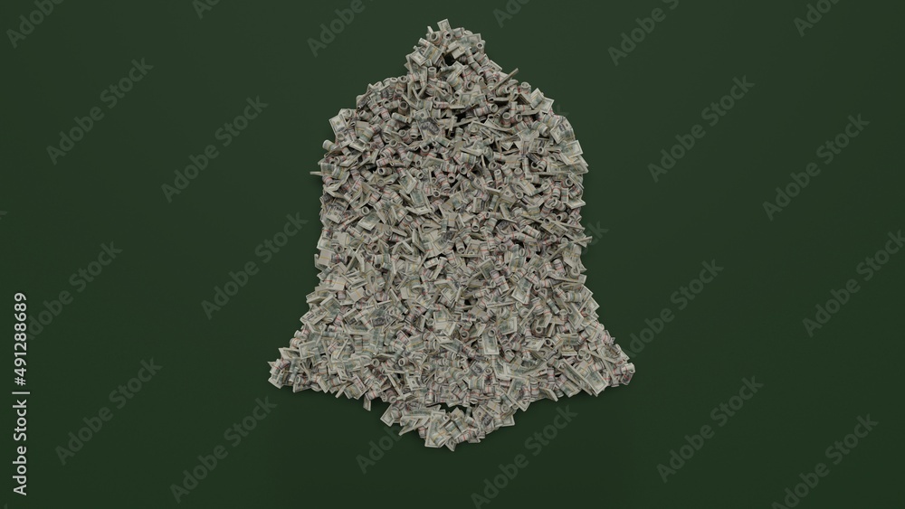 Poster 3d rendering of dollar cash rolls and stacks in shape of symbol of alarm on green background