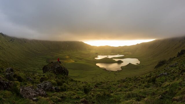 Sunset at Corvo's Vulcanic Crater, Azores, Portugal - Timelapse