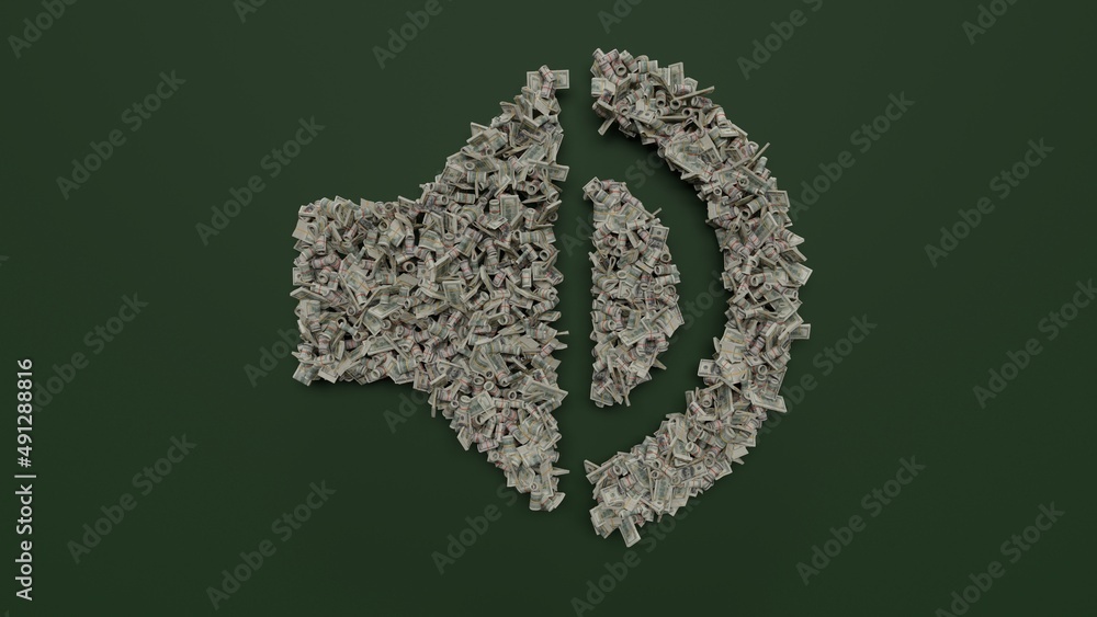 Poster 3d rendering of dollar cash rolls and stacks in shape of symbol of sound on green background