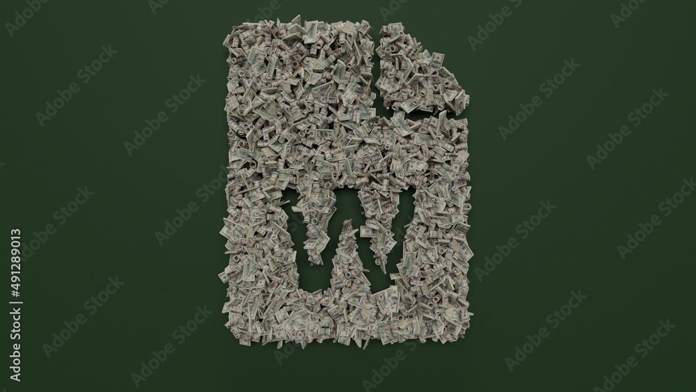 Poster 3d rendering of dollar cash rolls and stacks in shape of symbol of file word on green background
