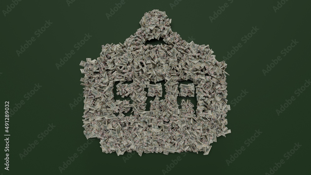 Poster 3d rendering of dollar cash rolls and stacks in shape of symbol of spa label on green background