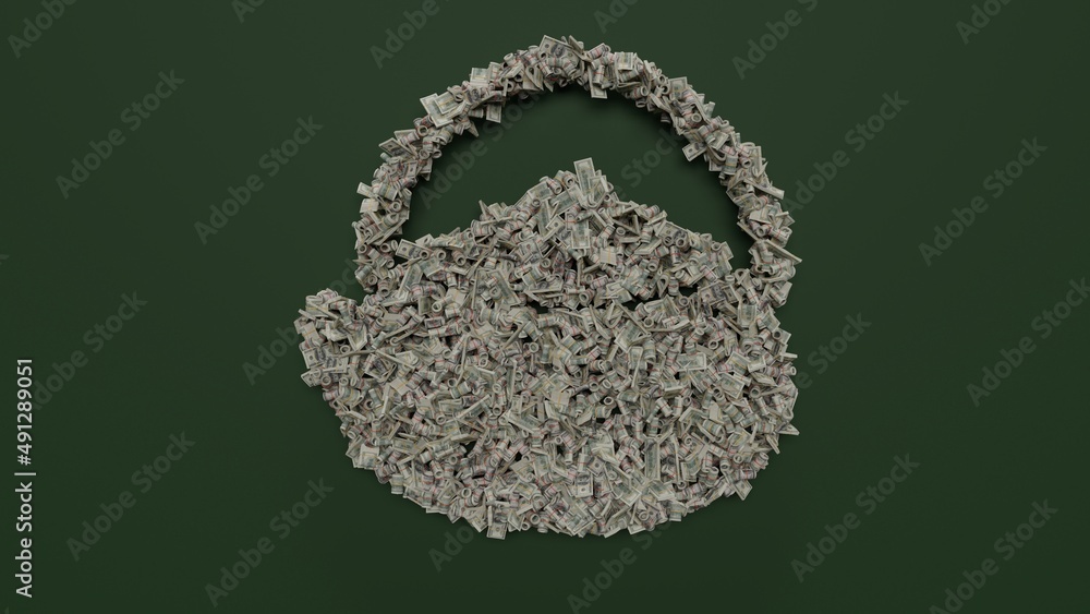 Poster 3d rendering of dollar cash rolls and stacks in shape of symbol of chinese tea on green background