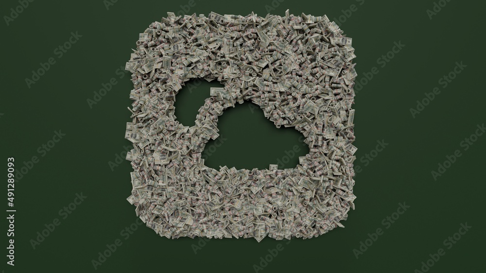 Poster 3d rendering of dollar cash rolls and stacks in shape of symbol of weather on green background