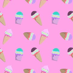 Seamless pattern Bright And Pastel Colors background with Ice cream cones.illustration. Use for wallpaper, print, paper, packaging, textile.