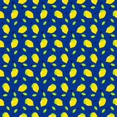 Seamless pattern yellow Lemon and leaves fruit on blue background.Bright of delicious fruit illustration used for background