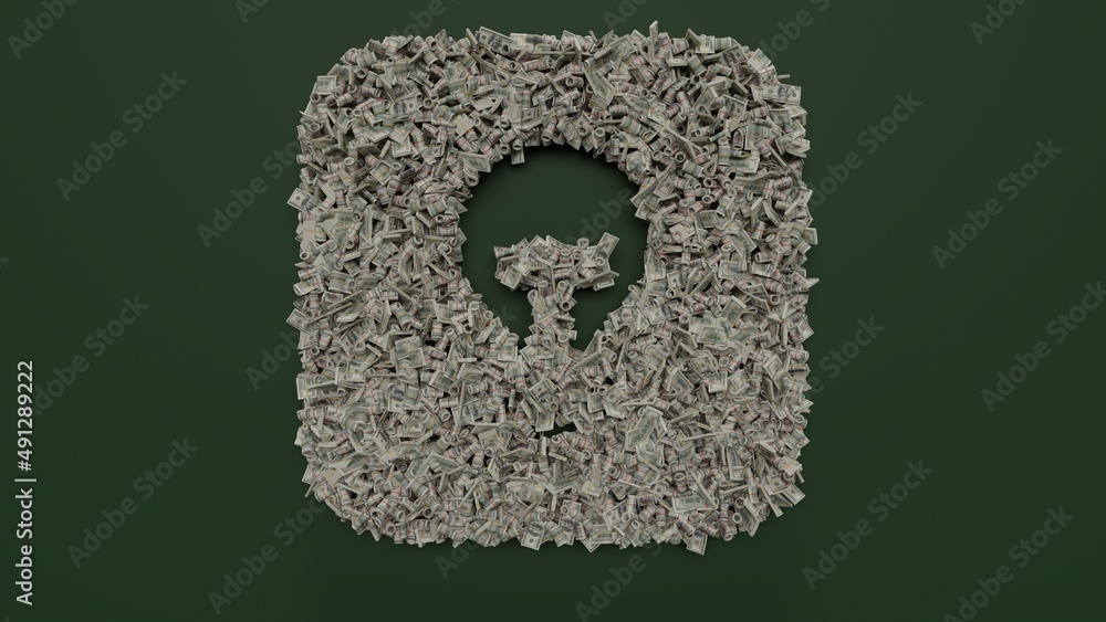 Aufkleber 3d rendering of dollar cash rolls and stacks in shape of icon of tips app on green background