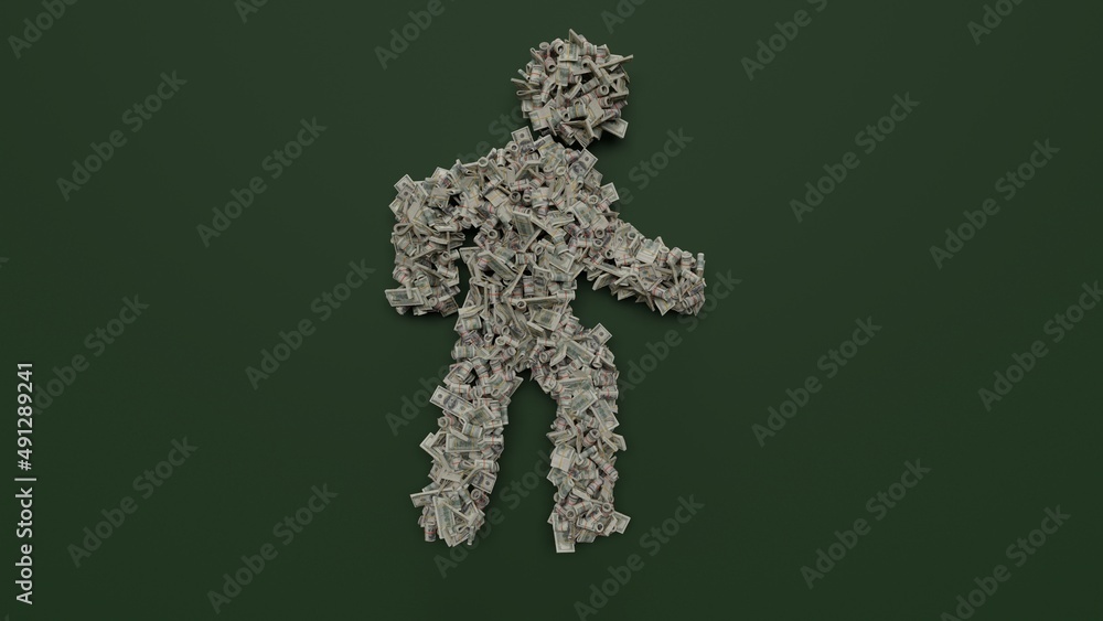 Poster 3d rendering of dollar cash rolls and stacks in shape of symbol of walk on green background