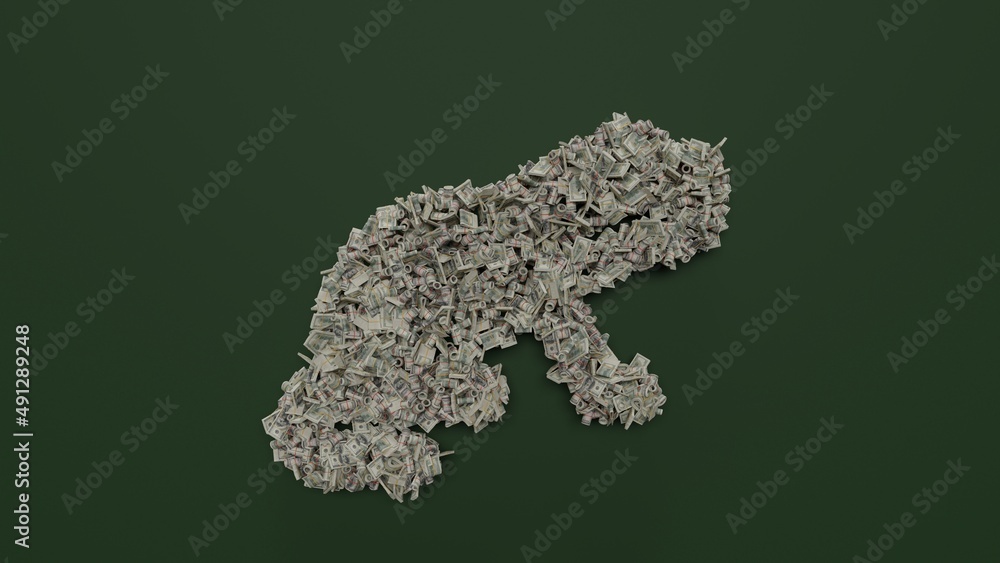 Poster 3d rendering of dollar cash rolls and stacks in shape of symbol of otter on green background