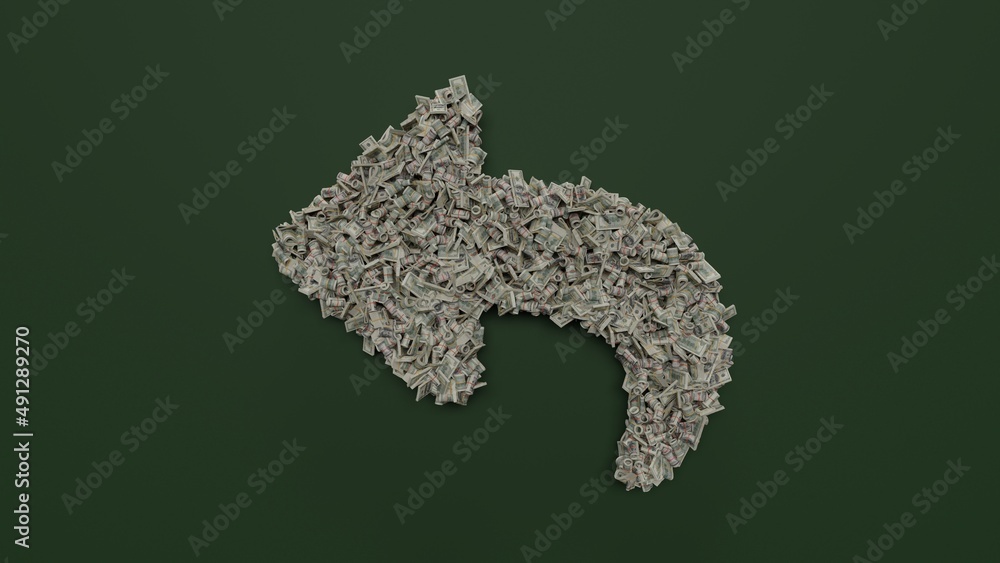 Poster 3d rendering of dollar cash rolls and stacks in shape of symbol of reply on green background