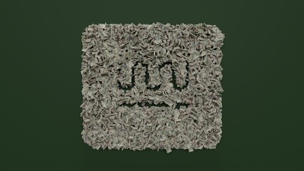 3d rendering of dollar cash rolls and stacks in shape of symbol of Saudi Arabia on green background