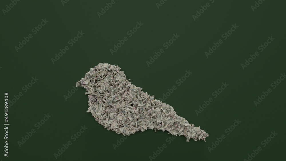 Poster 3d rendering of dollar cash rolls and stacks in shape of symbol of bird on green background