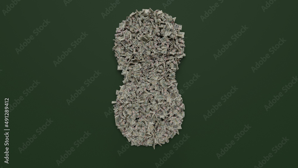 Poster 3d rendering of dollar cash rolls and stacks in shape of symbol of peanut on green background
