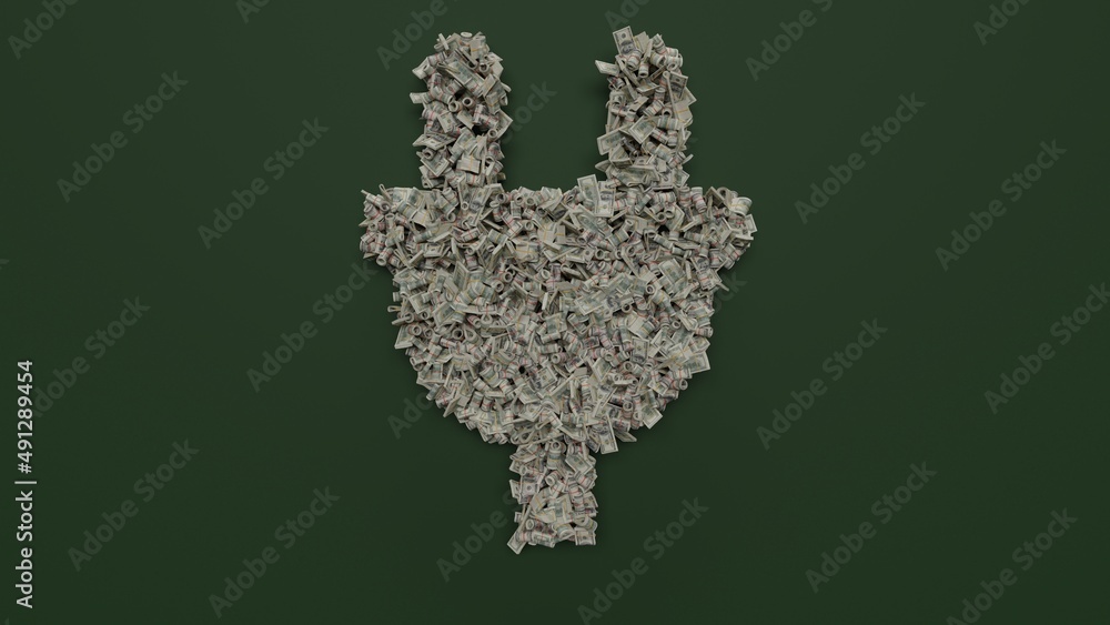 Poster 3d rendering of dollar cash rolls and stacks in shape of symbol of plug on green background