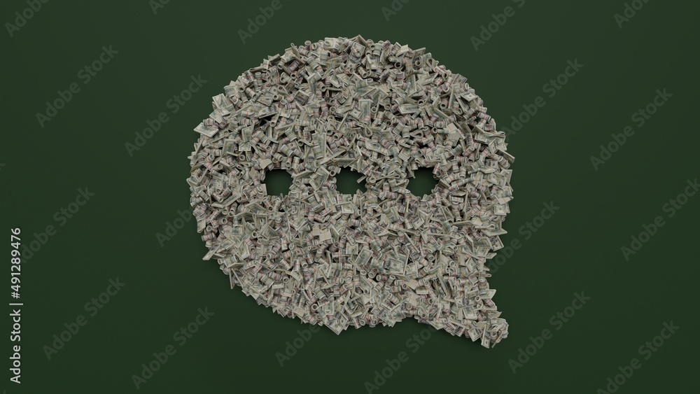 Poster 3d rendering of dollar cash rolls and stacks in shape of symbol of rounded chat bubble on green back