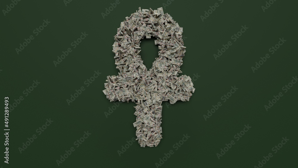 Poster 3d rendering of dollar cash rolls and stacks in shape of symbol of ankh on green background