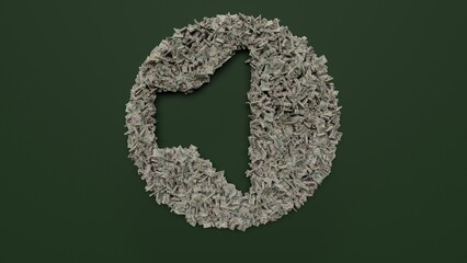 3d rendering of dollar cash rolls and stacks in shape of symbol of speaker on green background