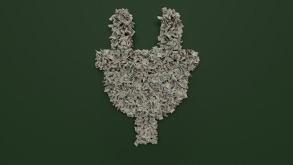 3d rendering of dollar cash rolls and stacks in shape of symbol of plug on green background
