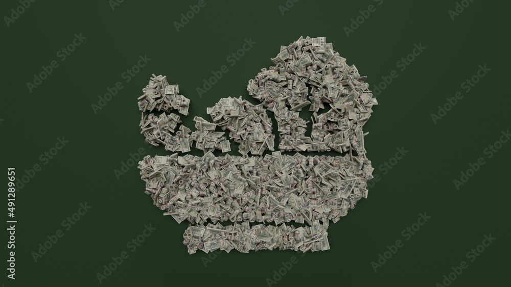 Poster 3d rendering of dollar cash rolls and stacks in shape of symbol of salad on green background