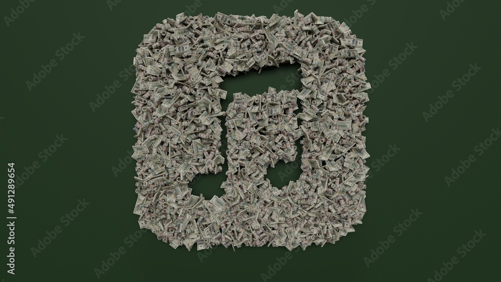 Poster 3d rendering of dollar cash rolls and stacks in shape of symbol of music on green background