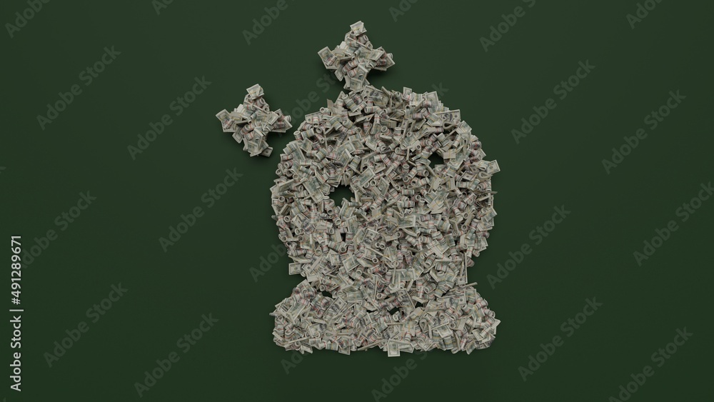 Poster 3d rendering of dollar cash rolls and stacks in shape of symbol of magic ball on green background