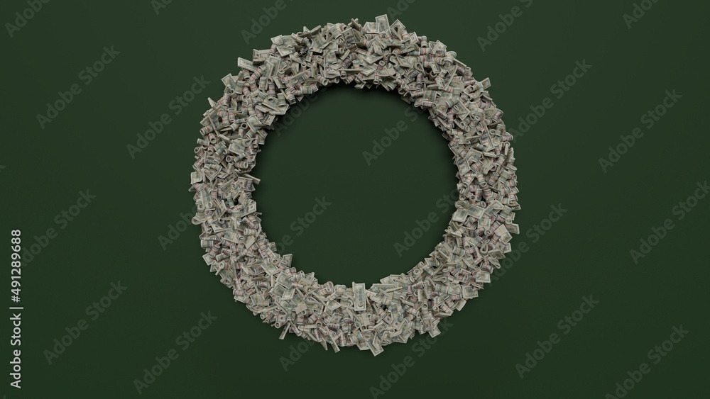Poster 3d rendering of dollar cash rolls and stacks in shape of symbol of oxygen symbol on green background