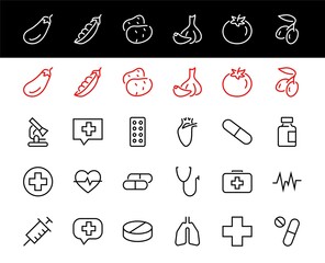 A simple set of medicine ICONS, contains medicine icons, pills, related vector line icons. thin lines, pain, syringe, lungs, microscope, cardiogram, virus and much more. Editable stroke.